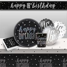 Black and Silver Holographic 16th Birthday 8 to 48 Guest Premium Party Pack - Tableware | Balloons | Decoration