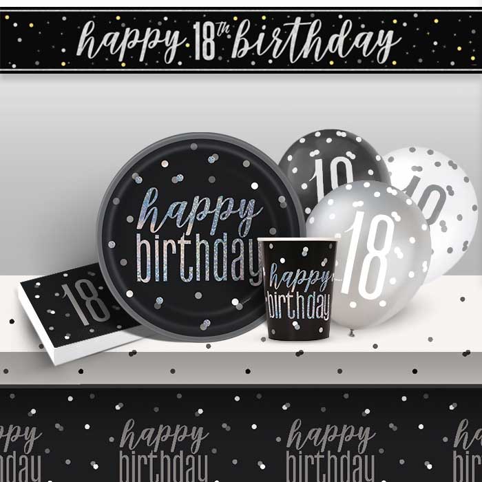 Black and Silver Holographic 18th Birthday 8 to 48 Guest Premium Party Pack - Tableware | Balloons | Decoration