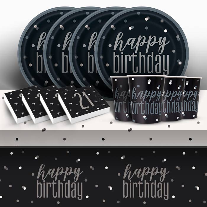 Black and Silver Holographic 21st Birthday 8 to 48 Guest Starter Party Pack - Tablecover | Cups | Plates | Napkins