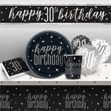 Black and Silver Holographic 30th Birthday 8 to 48 Guest Premium Party Pack - Tableware | Balloons | Decoration