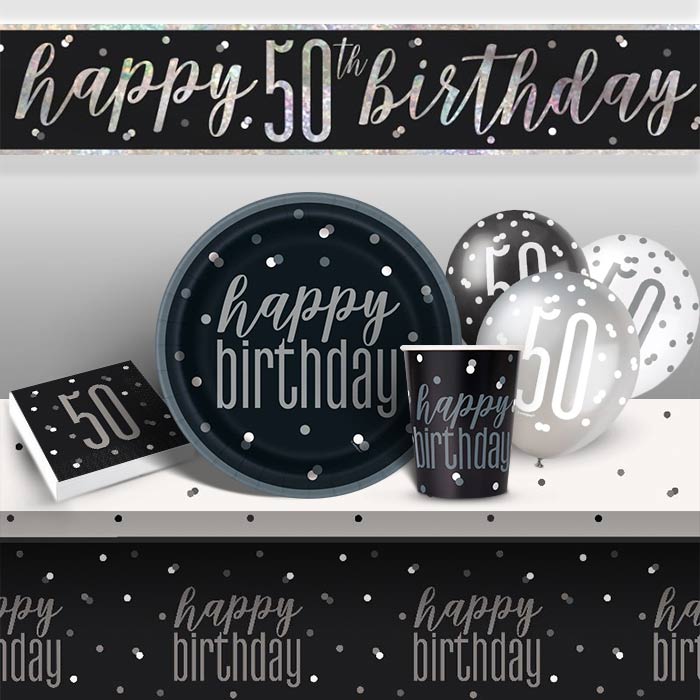 Black and Silver Holographic 50th Birthday 8 to 48 Guest Premium Party Pack - Tableware | Balloons | Decoration