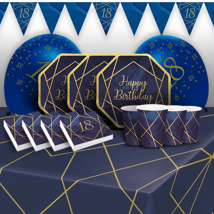 Blue and Gold Geode 18th Birthday 8 to 48 Guest Premium Party Pack - Tableware | Balloons | Decoration - Buy Online