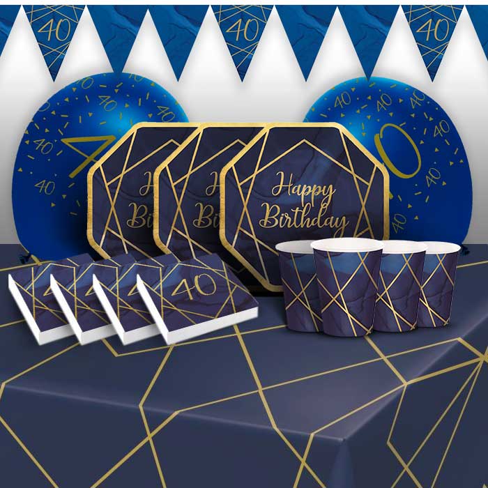 Blue and Gold Geode 40th Birthday 8 to 48 Guest Premium Party Pack - Tableware | Balloons | Decoration - Buy Online