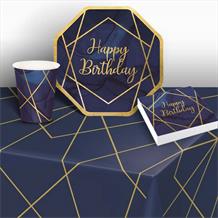 Blue and Gold Geode Happy Birthday 8 to 48 Guest Starter Party Pack - Tablecover | Cups | Plates | Napkins - Buy Online