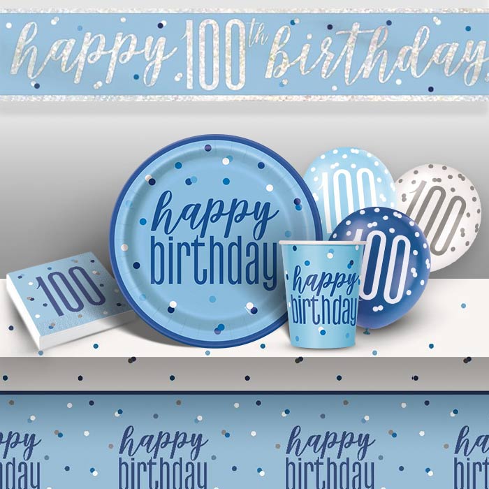 Blue and Silver Holographic 100th Birthday 8 to 48 Guest Premium Party Pack - Tableware | Balloons | Decoration
