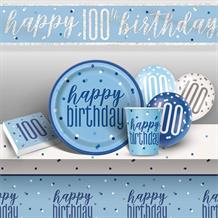Blue and Silver Holographic 100th Birthday 8 to 48 Guest Premium Party Pack - Tableware | Balloons | Decoration