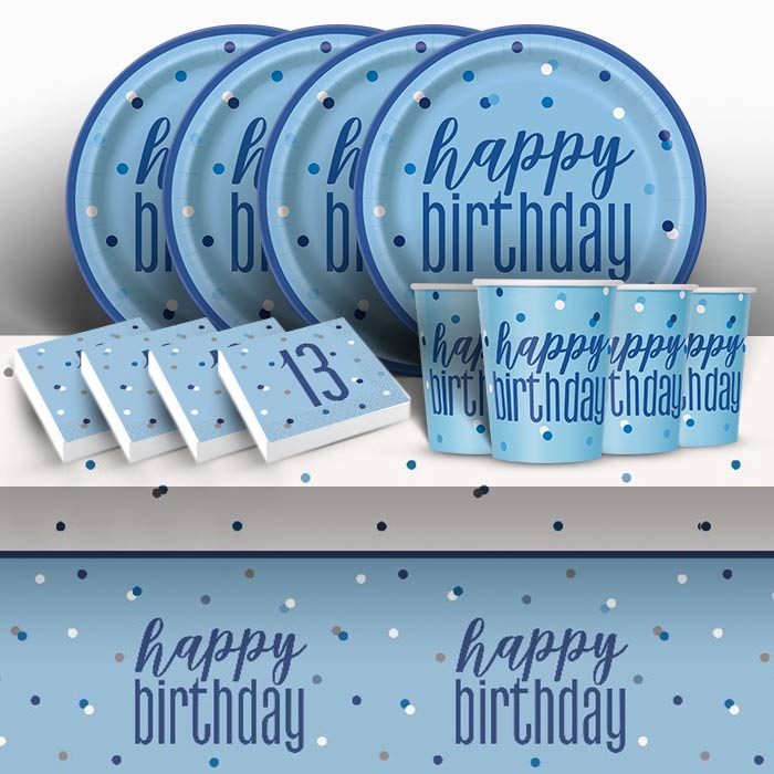 Blue and Silver Holographic 13th Birthday 8 to 48 Guest Starter Party Pack - Tablecover | Cups | Plates | Napkins