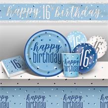 Blue and Silver Holographic 16th Birthday 8 to 48 Guest Premium Party Pack - Tableware | Balloons | Decoration