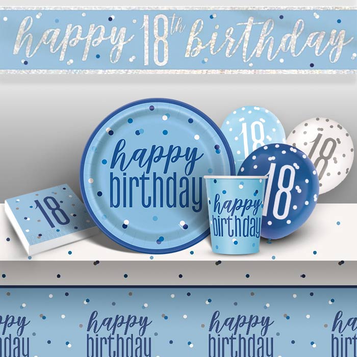 Blue and Silver Holographic 18th Birthday 8 to 48 Guest Premium Party Pack - Tableware | Balloons | Decoration