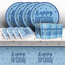 Blue and Silver Holographic 30th Birthday 8 to 48 Guest Starter Party Pack - Tablecover | Cups | Plates | Napkins