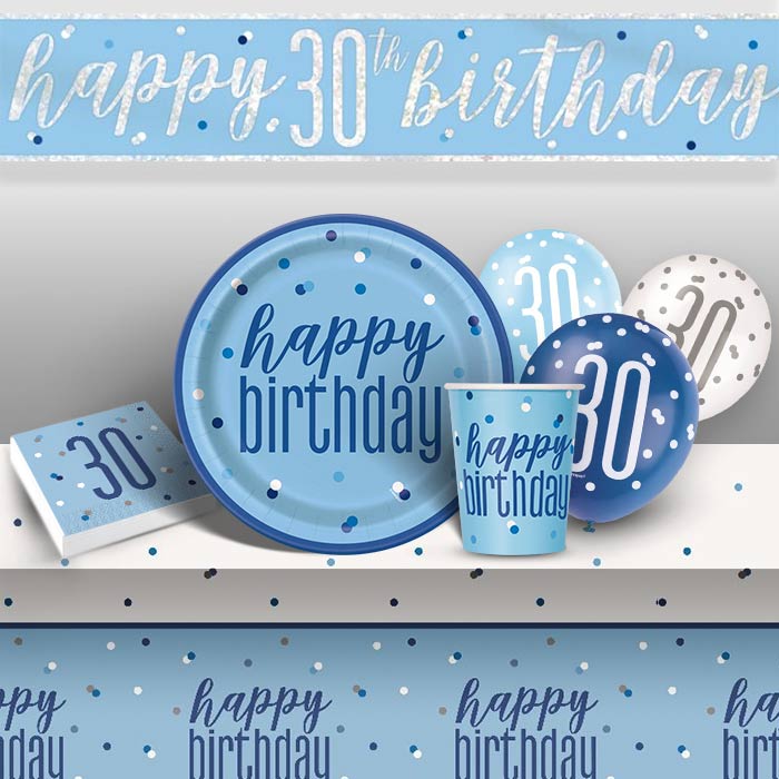 Blue and Silver Holographic 30th Birthday 8 to 48 Guest Premium Party Pack - Tableware | Balloons | Decoration