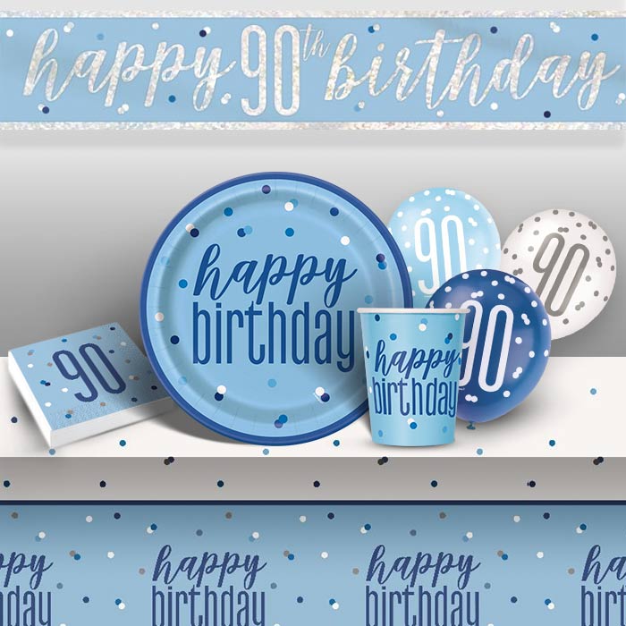 Blue and Silver Holographic 90th Birthday 8 to 48 Guest Premium Party Pack - Tableware | Balloons | Decoration
