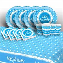 Blue Polka Dot Baby Shower 8 to 48 Guest Starter Party Pack - Tablecover | Cups | Plates | Napkins