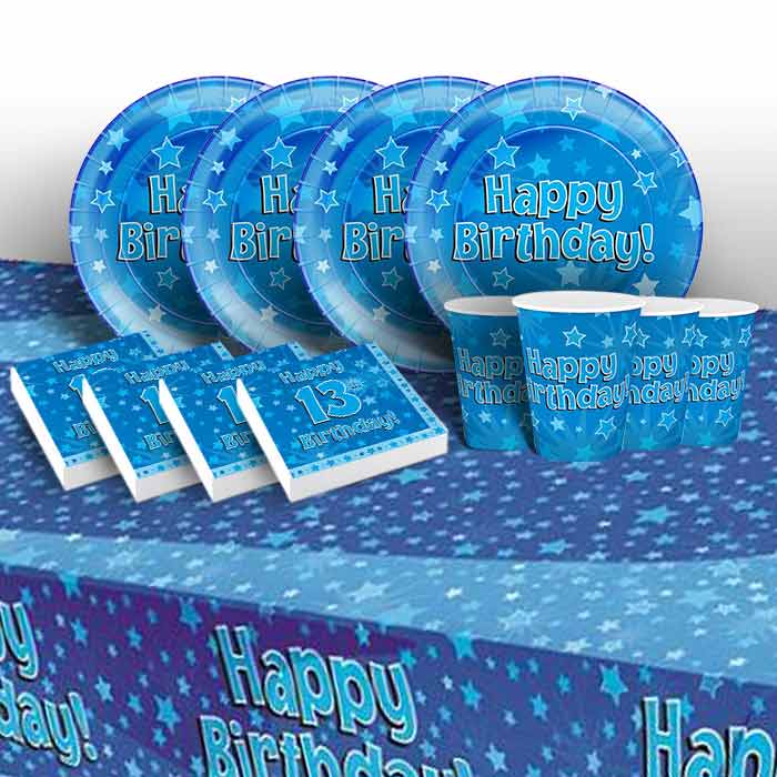 Blue Star Happy 13th Birthday 8 to 48 Guest Starter Party Pack - Tablecover | Cups | Plates | Napkins