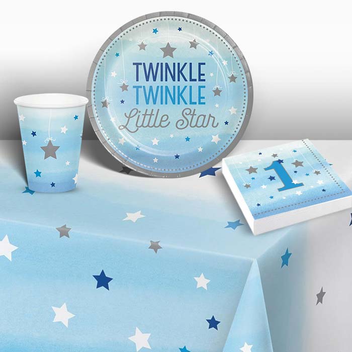 Blue Twinkle Star 1st Birthday 8 to 48 Guest Starter Party Pack - Tablecover | Cups | Plates | Napkins