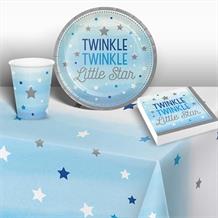Blue Twinkle Star Baby Shower 8 to 48 Guest Starter Party Pack - Tablecover | Cups | Plates | Napkins