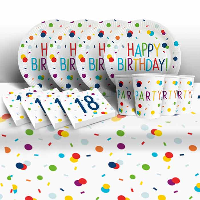 Rainbow Colourful Confetti 18th Birthday Party 8 to 48 Guest Starter Party Pack - Tablecover | Cups | Plates | Napkins