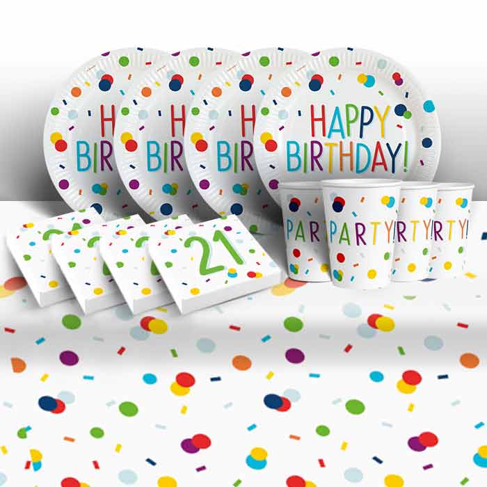 Rainbow Colourful Confetti 21st Birthday Party 8 to 48 Guest Starter Party Pack - Tablecover | Cups | Plates | Napkins