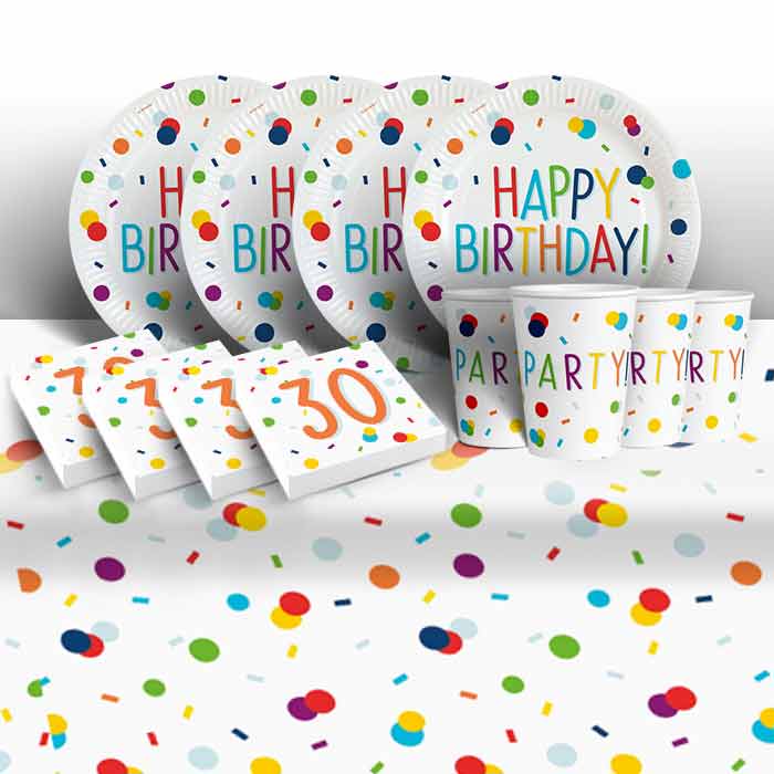 Rainbow Colourful Confetti 30th Birthday Party 8 to 48 Guest Starter Party Pack - Tablecover | Cups | Plates | Napkins