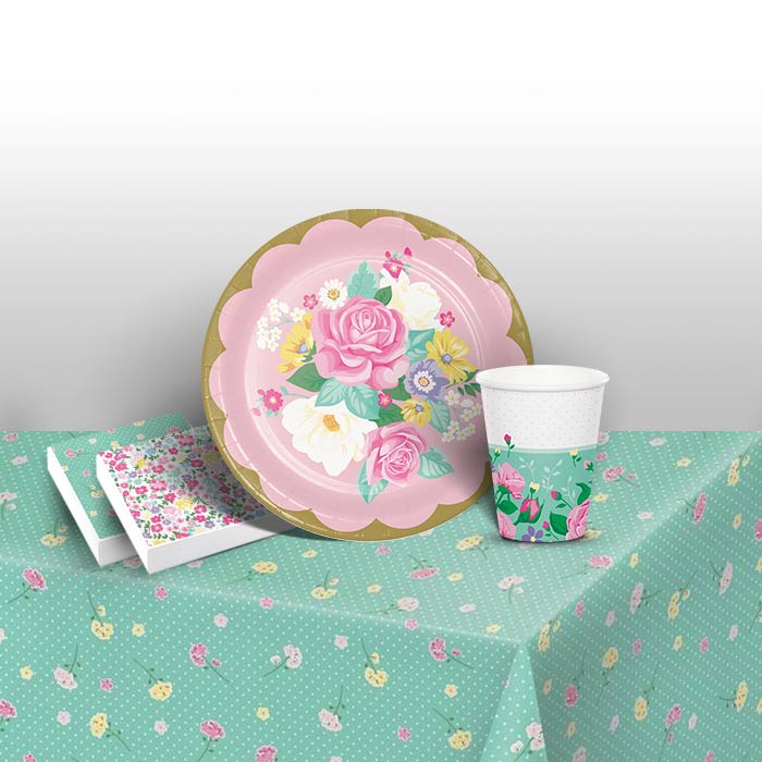 Floral Tea Party 8 to 48 Guest Starter Party Pack - Tablecover | Cups | Plates | Napkins
