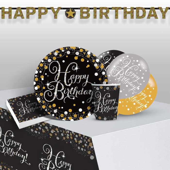 Gold Sparkling Birthday 8 to 48 Guest Premium Party Pack - Tableware | Balloons | Decoration
