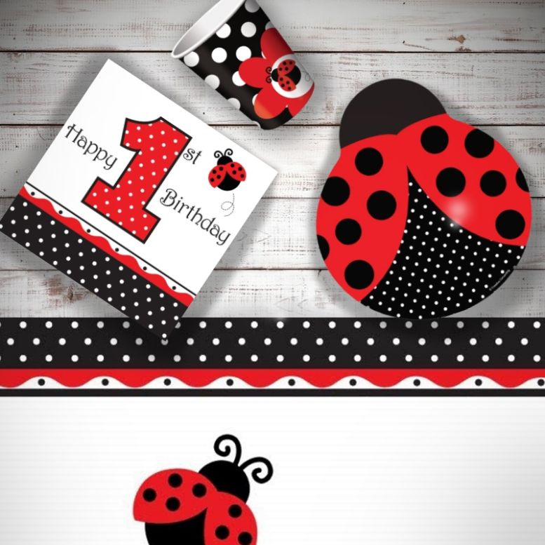 Ladybird | Ladybug 1st Birthday 8 to 48 Guest Starter Party Pack - Tablecover | Cups | Plates | Napkins