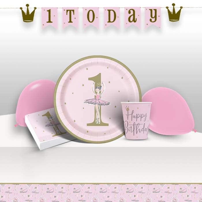 Pink and Gold Ballerina | Ballet 1st Birthday Party 8 to 48 Guest Premium Party Pack - Tableware | Balloons | Decoration