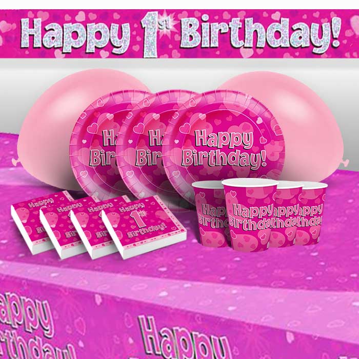 Pink Heart Happy 1st Birthday 8 to 48 Guest Premium Party Pack - Tableware | Balloons | Decoration