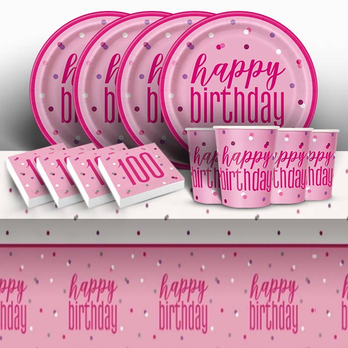 Pink and Silver Holographic 100th Birthday 8 to 48 Guest Starter Party Pack - Tablecover | Cups | Plates | Napkins
