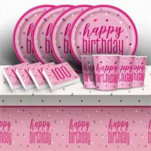 Pink and Silver Holographic 100th Birthday 8 to 48 Guest Starter Party Pack - Tablecover | Cups | Plates | Napkins