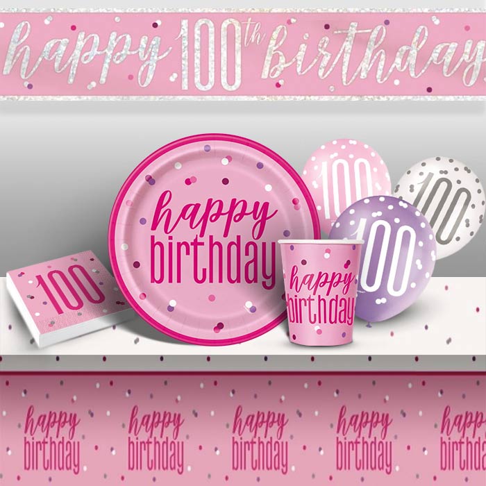Pink and Silver Holographic 100th Birthday 8 to 48 Guest Premium Party Pack - Tableware | Balloons | Decoration