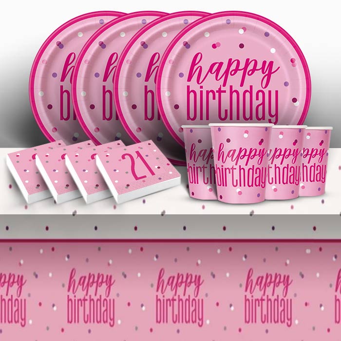 Pink and Silver Holographic 21st Birthday 8 to 48 Guest Starter Party Pack - Tablecover | Cups | Plates | Napkins