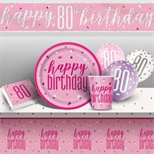 Pink and Silver Holographic 80th Birthday 8 to 48 Guest Premium Party Pack - Tableware | Balloons | Decoration