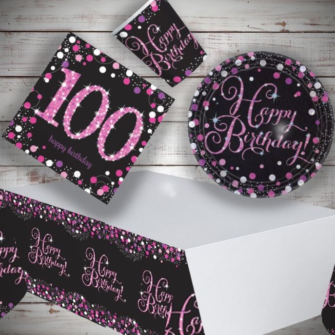 Pink Sparkling 100th Birthday 8 to 48 Guest Starter Party Pack - Tablecover | Cups | Plates | Napkins