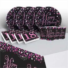 Pink Sparkling 18th Birthday 8 to 48 Guest Starter Party Pack - Tablecover | Cups | Plates | Napkins