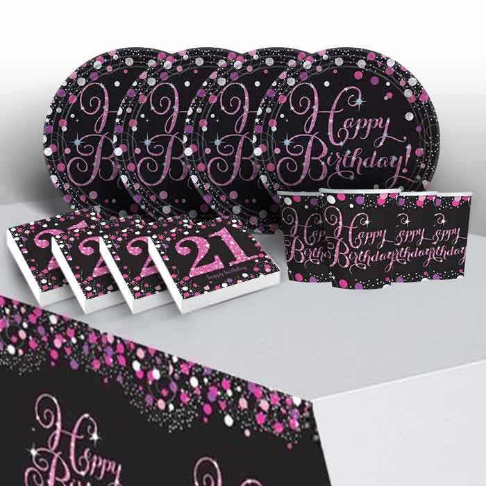 Pink Sparkling 21st Birthday 8 to 48 Guest Starter Party Pack - Tablecover | Cups | Plates | Napkins