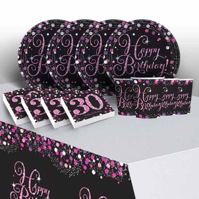 Pink Sparkling 30th Birthday 8 to 48 Guest Starter Party Pack - Tablecover | Cups | Plates | Napkins