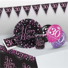 Pink Sparkling 30th Birthday 8 to 48 Guest Premium Party Pack - Tableware | Balloons | Decoration