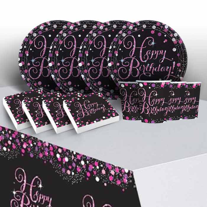 Pink Sparkling Birthday 8 to 48 Guest Starter Party Pack - Tablecover | Cups | Plates | Napkins