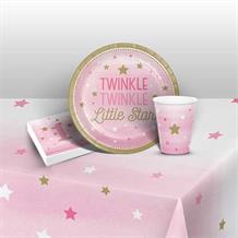 Pink Twinkle Star 1st Birthday 8 to 48 Guest Starter Party Pack - Tablecover | Cups | Plates | Napkins