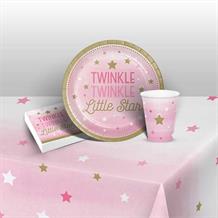 Pink Twinkle Star Baby Shower 8 to 48 Guest Starter Party Pack - Tablecover | Cups | Plates | Napkins