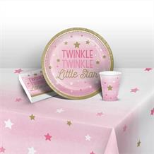 Pink Twinkle Star Christening 8 to 48 Guest Starter Party Pack - Tablecover | Cups | Plates | Napkins