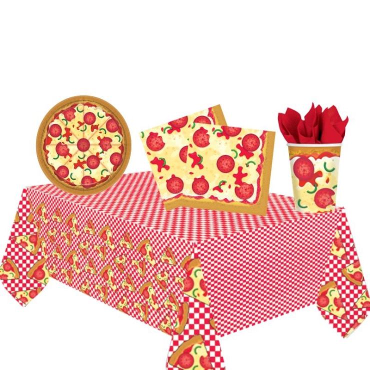 Pizza 8 to 48 Guest Starter Party Pack - Tablecover, Cups, Plates Napkins