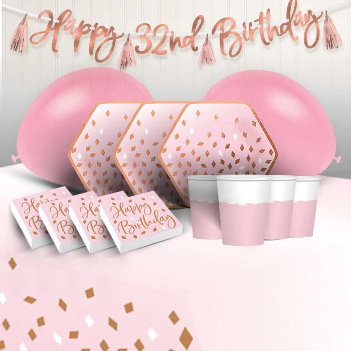 Rose Gold Blush Happy Birthday Party 8 to 48 Guest Premium Party Pack - Tableware | Balloons | Decoration