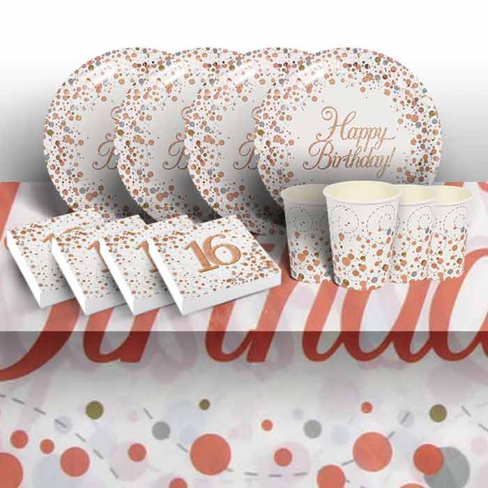 Rose Gold Confetti 16th Birthday Party 8 to 48 Guest Starter Party Pack - Tablecover | Cups | Plates | Napkins