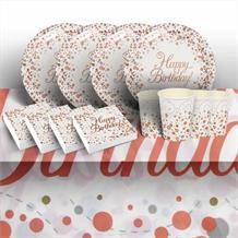 Rose Gold Confetti Happy Birthday Party 8 to 48 Guest Starter Party Pack - Tablecover | Cups | Plates | Napkins