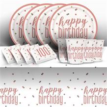 Rose Gold Holographic 100th Birthday 8 to 48 Guest Starter Party Pack - Tablecover | Cups | Plates | Napkins