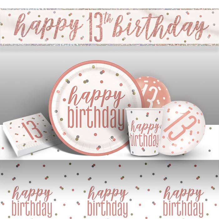 Rose Gold Holographic 13th Birthday 8 to 48 Guest Premium Party Pack - Tableware | Balloons | Decoration