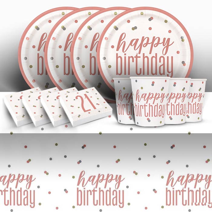 Rose Gold Holographic 21st Birthday 8 to 48 Guest Starter Party Pack - Tablecover | Cups | Plates | Napkins