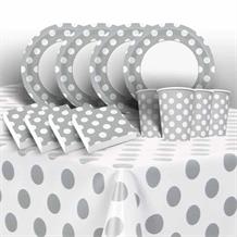 Silver Polka Dot 8 to 48 Guest Starter Party Pack - Tablecover | Cups | Plates | Napkins